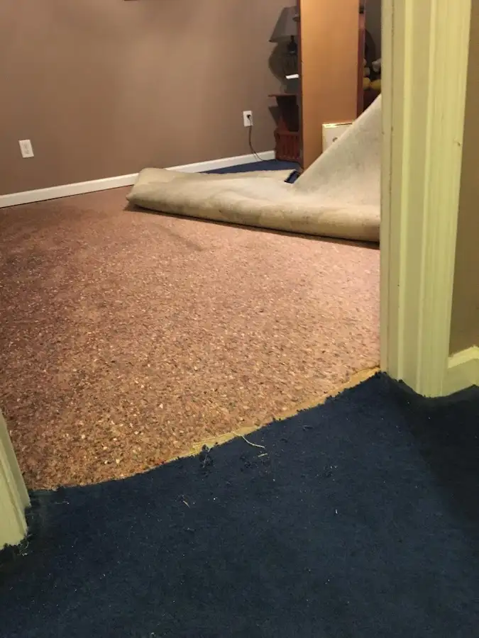 Carpet pad removal revealing water damage during Water Mitigation Services in Dallas